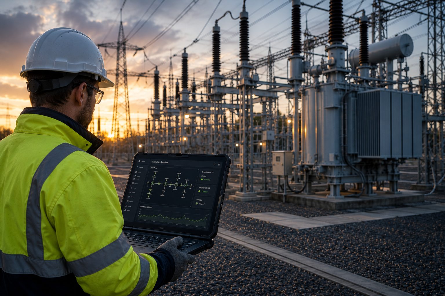 Field engineer at an electrical substation at dusk, reviewing a substation overview dashboard on a rugged laptop